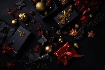 Top view christmas dark black background with beautiful texture. Ai generative.