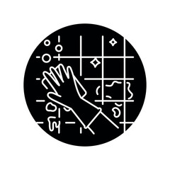 A hand washes a tile black line icon. Cleaning company