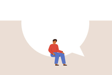 Difficult communications. Sad man sits on the edge of big speech bubble. Depressed male has internal herself dialogue and suffers from anxious thoughts. Mental health concept. Vector illustration