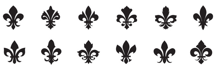 Set of fleur de lis vector icons. Floral ornament. Black heraldic ornament. Lily flower symbol. Vector Illustration. Vector Graphic. EPS 10 - obrazy, fototapety, plakaty