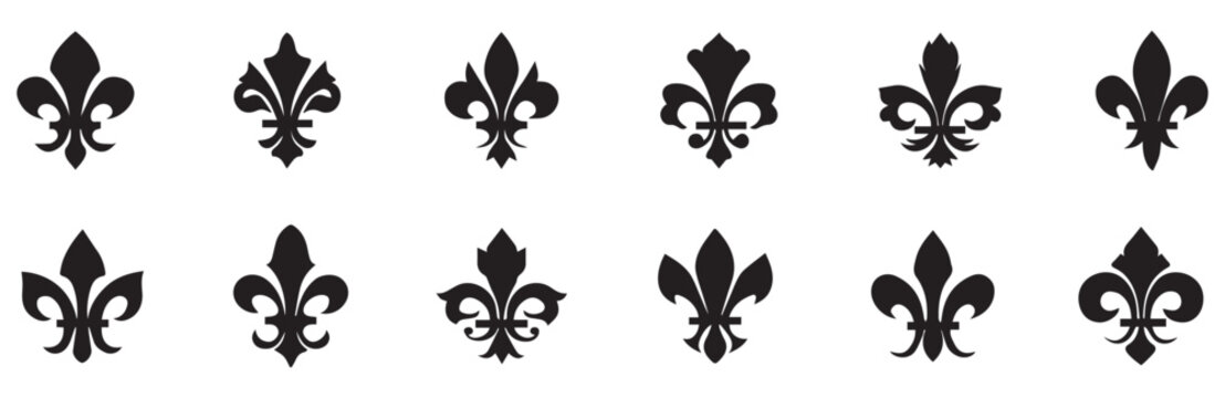 Set of fleur de lis vector icons. Floral ornament. Black heraldic ornament. Lily flower symbol. Vector Illustration. Vector Graphic. EPS 10