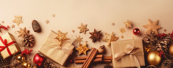 Banner top view christmas decoration composition on light gold background. Golden gift box, fir branches, cones, stars, Christmas cookies, cinnamon. Ai generative.