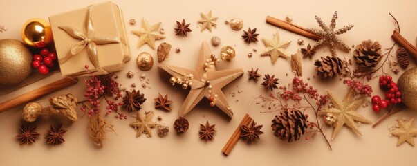Banner top view christmas decoration composition on light gold background. Golden gift box, fir branches, cones, stars, Christmas cookies, cinnamon. Ai generative.