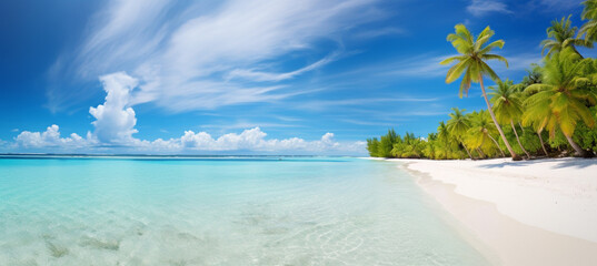 Beautiful beach with white sand, turquoise ocean, blue sky with clouds and palm tree over the water