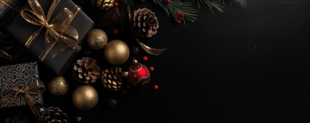 Fototapeta na wymiar Banner top view christmas dark black background with beautiful texture. Ai generative.