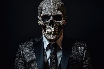 Skeleton dressed in a business suit. Dark background. Generative AI