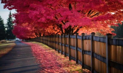 Long wooden fence with trees colorful leaves. Beautiful autumn. Generative AI