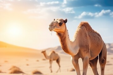 Big camel in the desert. Hot sunny day. Generative AI