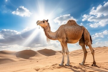 Big camel in the desert. Hot sunny day. Generative AI