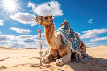 Big camel in the desert. Hot sunny day. Generative AI