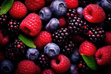 Fototapeta premium Different berry fruits background. Tasty summer mix. Generative AI