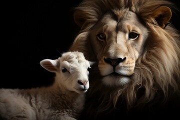 The Lion and the Lamb Together on Black Background. Generative AI