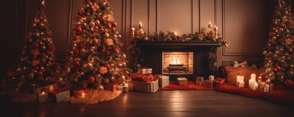 Banner beautiful christmas tree with golden balls and gifts on defocused warm evening background of cozy home interior with fireplace in golden red and brown tones. Ai generative.