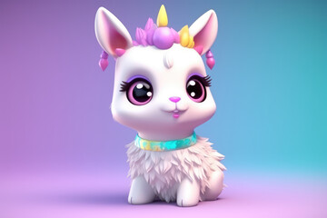 Naklejka premium Cute pretty lama cartoon character. 3d render style. Sweet white alpaca isolated on flat blue background. Sweet happy funny mascot.