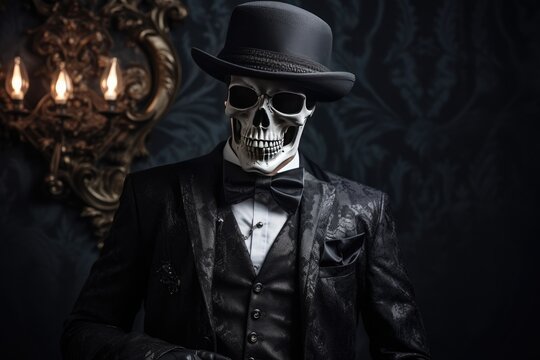 Skeleton dressed in a business suit and wearing and elegant hat on a dark background. Generative AI