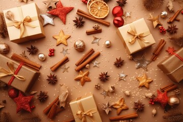 Fototapeta na wymiar Top view christmas decoration composition on light gold background. Golden gift box, fir branches, cones, stars, Christmas cookies, cinnamon. Ai generative.