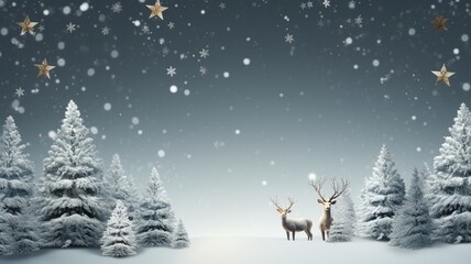 Obraz na płótnie Canvas Magical Christmas Night Winter Snowy Background with Reindeer and Trer