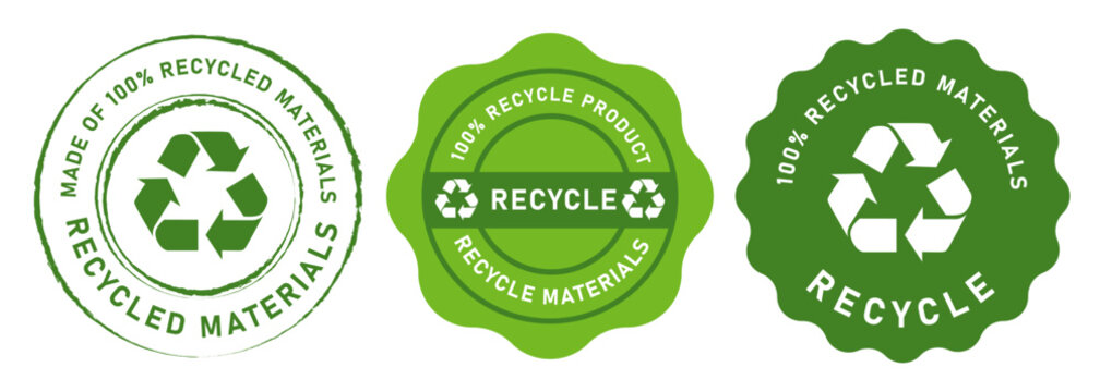 Recycle emblem round tag 100 percent made from recycle materials green