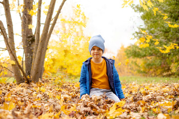 Happy little boy playing in beautiful autumn park on warm sunny fall day. Kids play with golden maple leaves. Autumn foliage