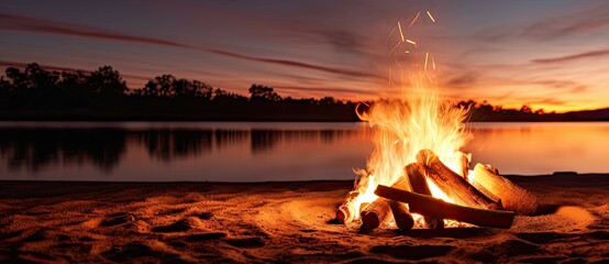 Beachside campfire at sunset outdoor lifestyle. Travel and holiday summer - obrazy, fototapety, plakaty