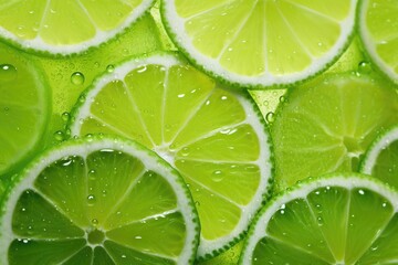 Slices of fresh juicy green lemons. Lime fruit cut texture. Citrus section pattern. Vibrant color summer design. Flat lay, top view