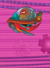 Fototapeta premium Cartoon funny colorful scene of cosmos galactic alien ufo space craft ship isolated illustration for children