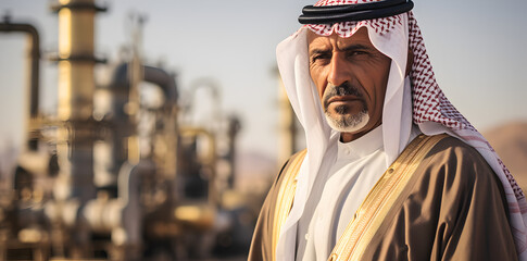 Obraz premium Successful Muslim Arab businessman with an oil pump, oil refinery plant in the background. Successful Saudi, Emirati, Arab businessman. Digital Art Ai