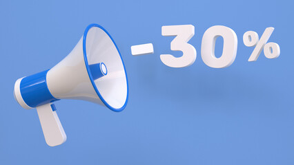 30 percent discount. Discount creative composition with megaphone. 3d sale symbol. Sale banner and poster. 3d illustration.