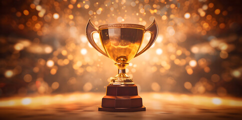 Champion Golden Trophy with Gold Bokeh win concept, digital AI Art