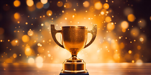 Champion Golden Trophy with Gold Bokeh win concept, digital AI Art