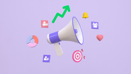 3D Megaphone with icons and bell notification. News and loudspeaker. Social media promotion and announce. Marketing concept. Creative design banner on purple background. 3D Rendering.