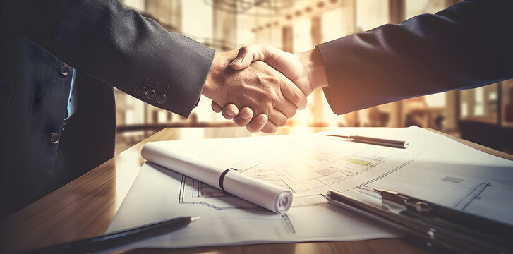 Businessman and engineer construction workers shaking hands on the background of an industrial plant, success collaboration concept, digital ai art