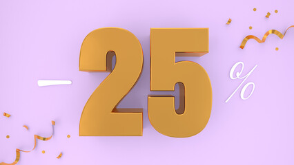 Discount promotion 25 percent off, 3D shiny gold text isolated on pink background, 3D mega sale offer, Sale offer price sign, Special offer symbol. 3D render.