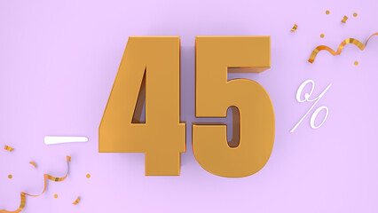 Discount promotion 45 percent off, 3D shiny gold text isolated on pink background, 3D mega sale offer, Sale offer price sign, Special offer symbol. 3D render.