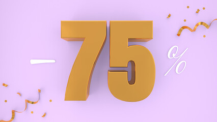 Discount promotion 75 percent off, 3D shiny gold text isolated on pink background, 3D mega sale offer, Sale offer price sign, Special offer symbol. 3D render.