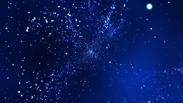 Blue bokeh particles glitter awards dust gradient abstract background. Futuristic glittering in space on blue background.