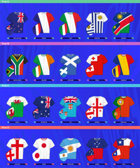 Fototapeta premium Rugby jerseys of 20 national team participant in rugby competition 2023 sorted by pool.