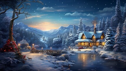 A beautiful outdoor christmas scene illustration of a christmas house with snow winter landscape in a village