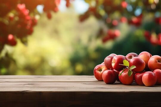 Wooden Table with Red Apples and Fruits. Generative AI