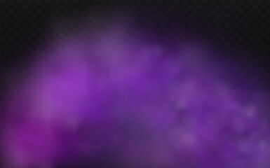 Realistic scary mystical fog in night Halloween. Purple poisonous gas, dust and smoke effect on transparent dark background.Vector illustration.