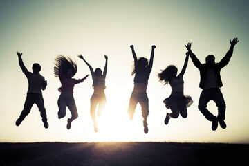 Fototapeta premium Happy jumping people silhouette. AI generated