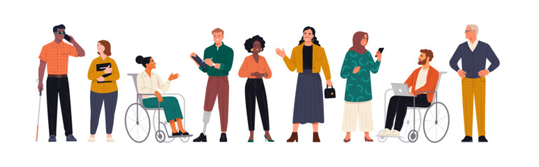 Team Inclusiveness. Vector cartoon illustration of a group of diverse people with different characteristics: old age, disability, nationality, and religion that interact with each other.  - obrazy, fototapety, plakaty