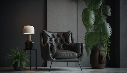 Black leather armchair and lamp in living room interior with plant, concrete wall. Generative AI.