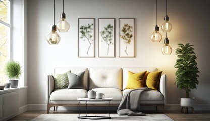 Bright and cozy modern living room interior have sofa and lamp with white wall background. Generative AI.