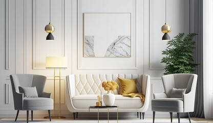 Bright and cozy modern living room interior have sofa, armchair and lamp with white wall background. Generative AI.