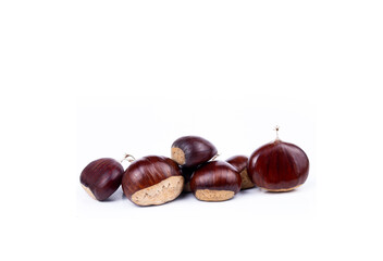 Ripe chestnuts close up. Raw Chestnuts for Christmas. Fresh sweet chestnut. Castanea sativa top wiew