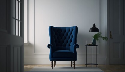 Living room with blue fabric armchair on empty white wall background. Generative AI.