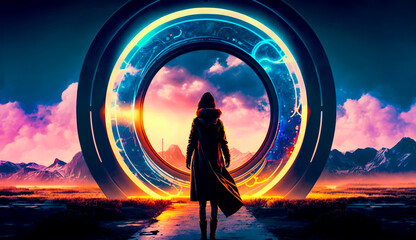 Person standing in front of large circular object with sky background. Generative AI. - Powered by Adobe