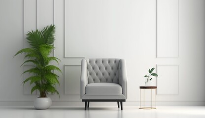 Modern minimalist interior with an armchair on empty white wall background. Generative AI.
