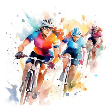 Watercolor illustration with splashes and streaks of paint: cyclists ride. AI